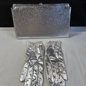 Vintage Silver Metallic clutch handbag purse w/matching gloves - 11"W x 6"D